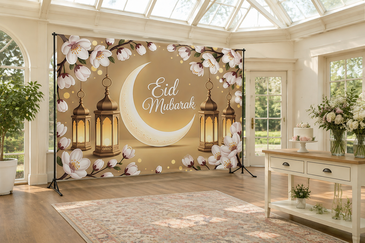 Floral Eid Mubarak Moon Backdrop in alternate room setting