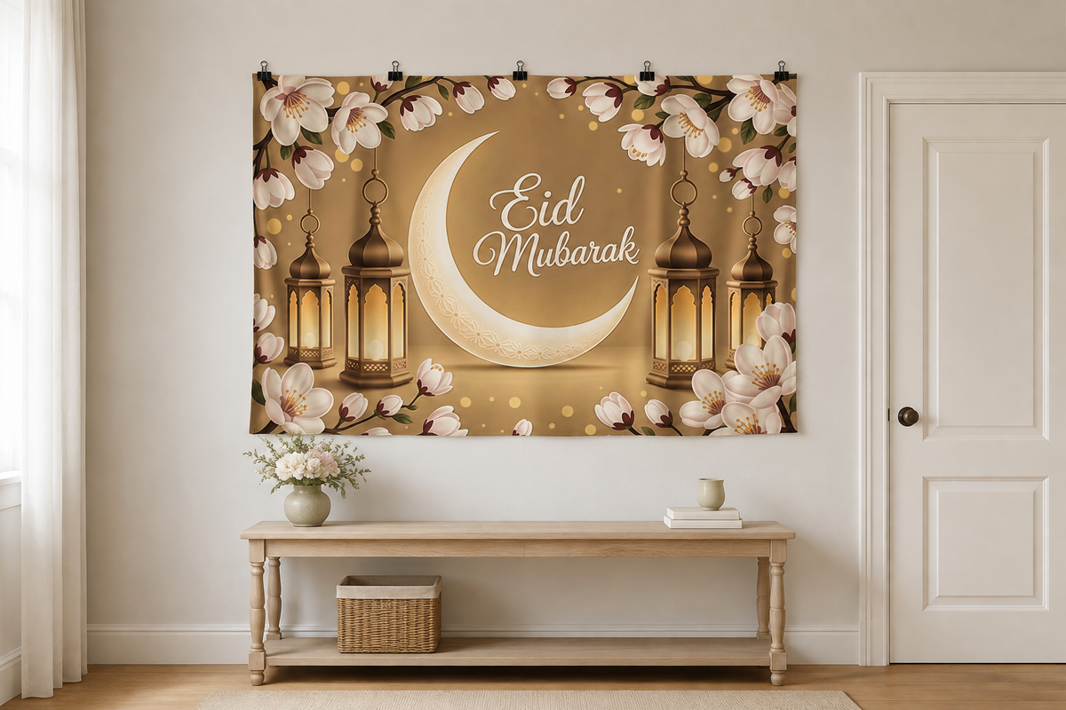 Floral Eid Mubarak Moon Backdrop clipped directly to wall