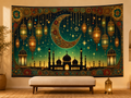 Islamic crescent lantern mosque tapestry Ramadan family scene