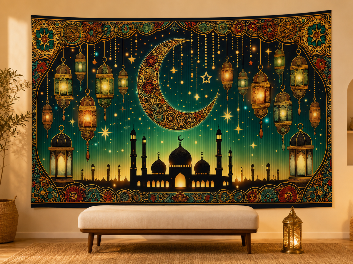 Islamic crescent lantern mosque tapestry Ramadan family scene