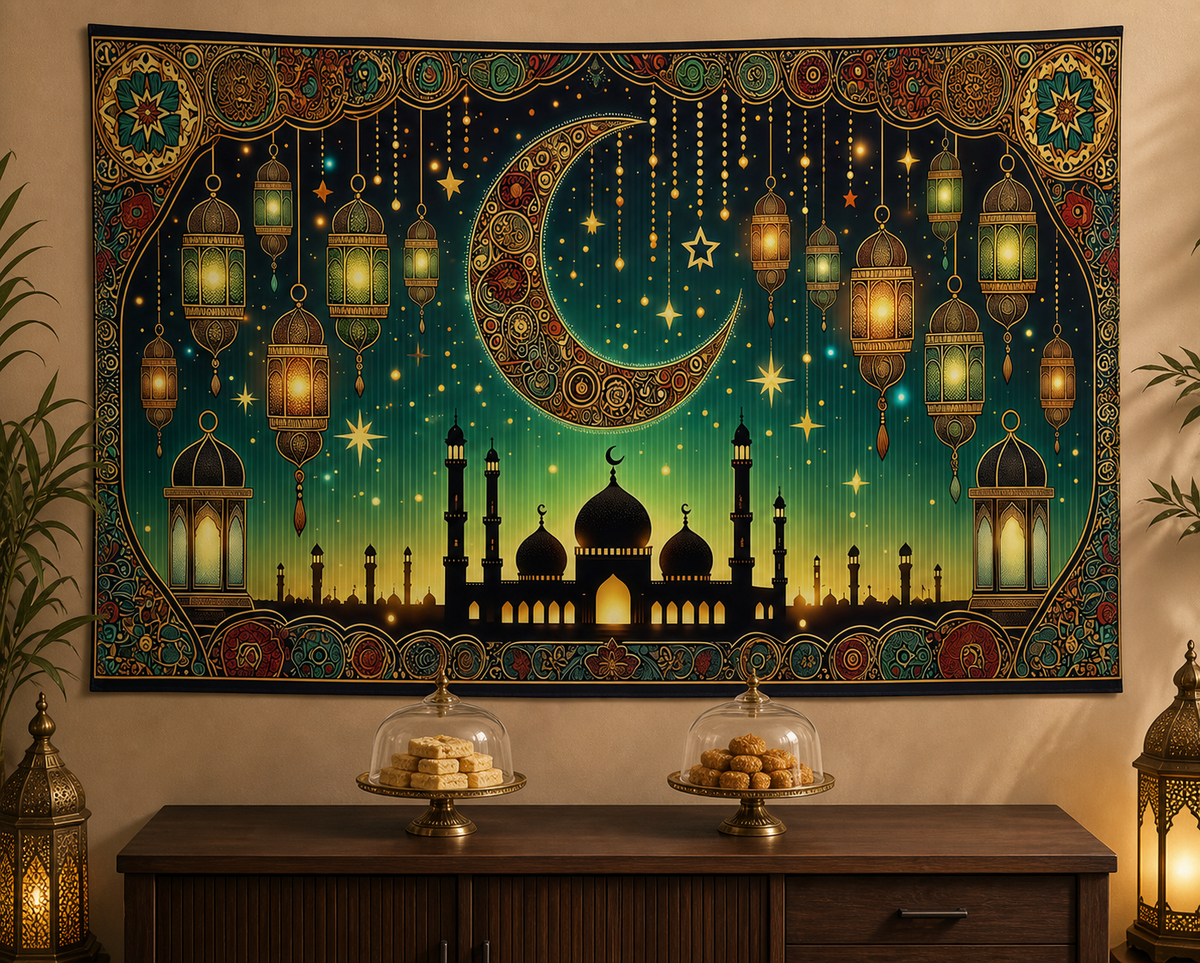 Islamic crescent lantern mosque tapestry Eid dessert scene