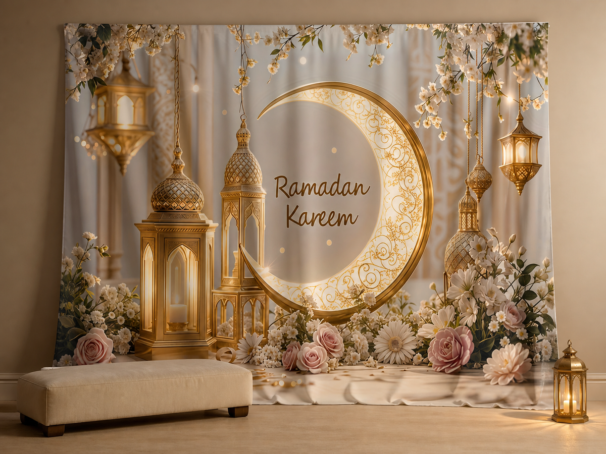 Ramadan Kareem Golden Crescent Floral fabric photography backdrop scene 1