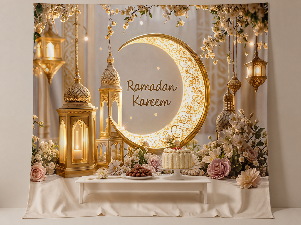 Ramadan Kareem Golden Crescent Floral fabric photography backdrop scene 2