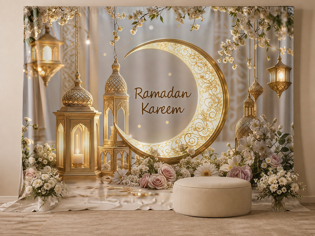 Ramadan Kareem Golden Crescent Floral fabric photography backdrop scene 3