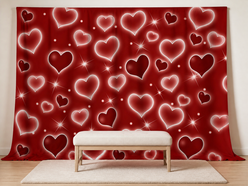 Red glowing hearts fabric backdrop for Valentine portraits