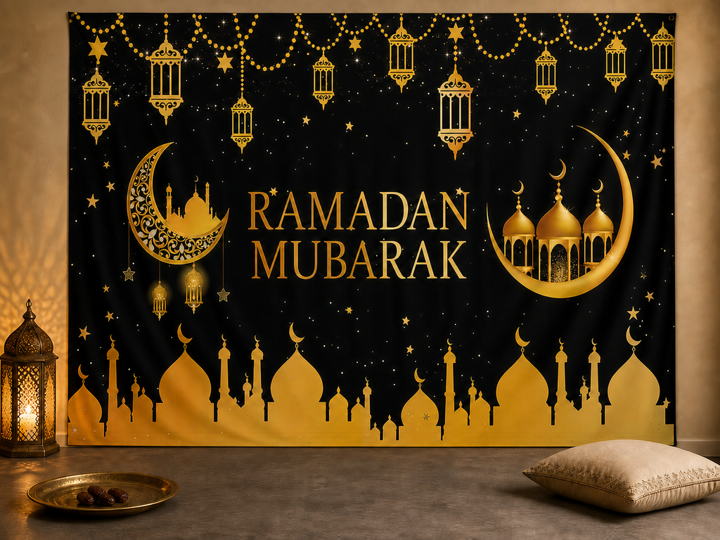 Ramadan Mubarak gold mosque backdrop iftar scene