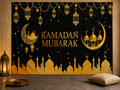 Ramadan Mubarak gold mosque backdrop iftar scene