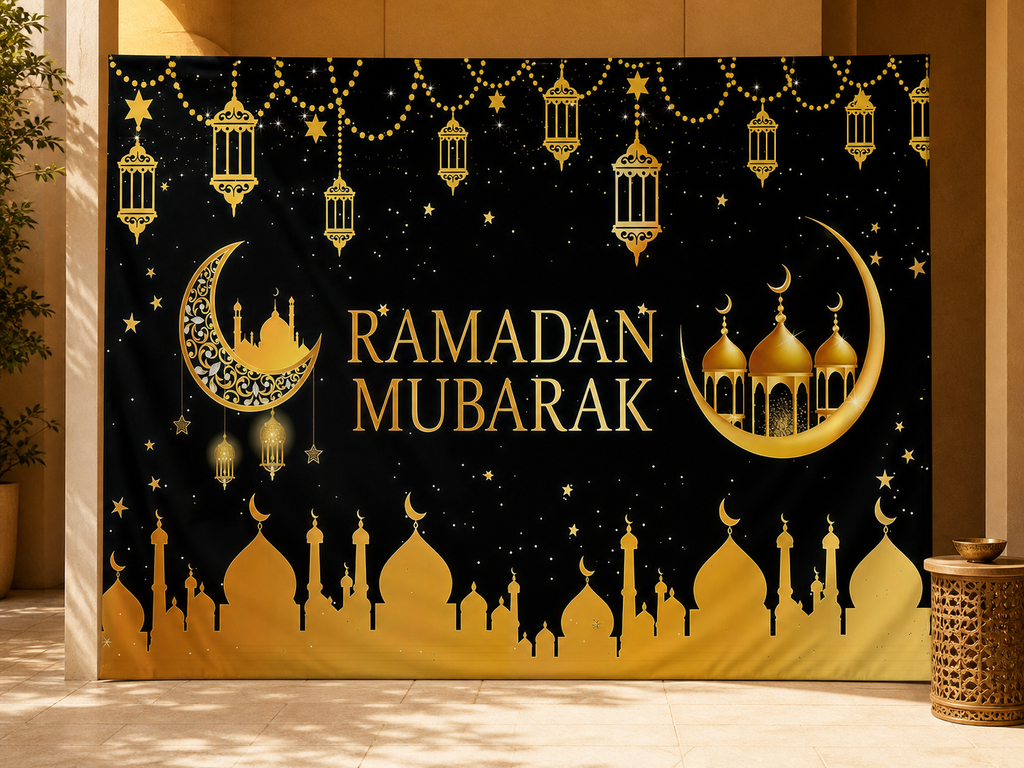 Ramadan Mubarak gold mosque backdrop celebration scene