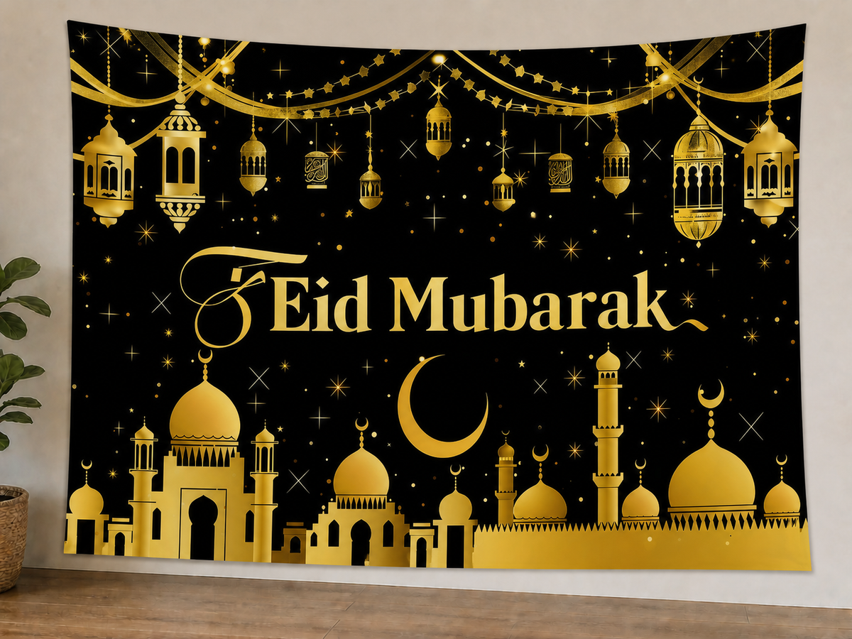 Lantern Eid Mubarak Backdrop displayed on a lightweight polyester backdrop