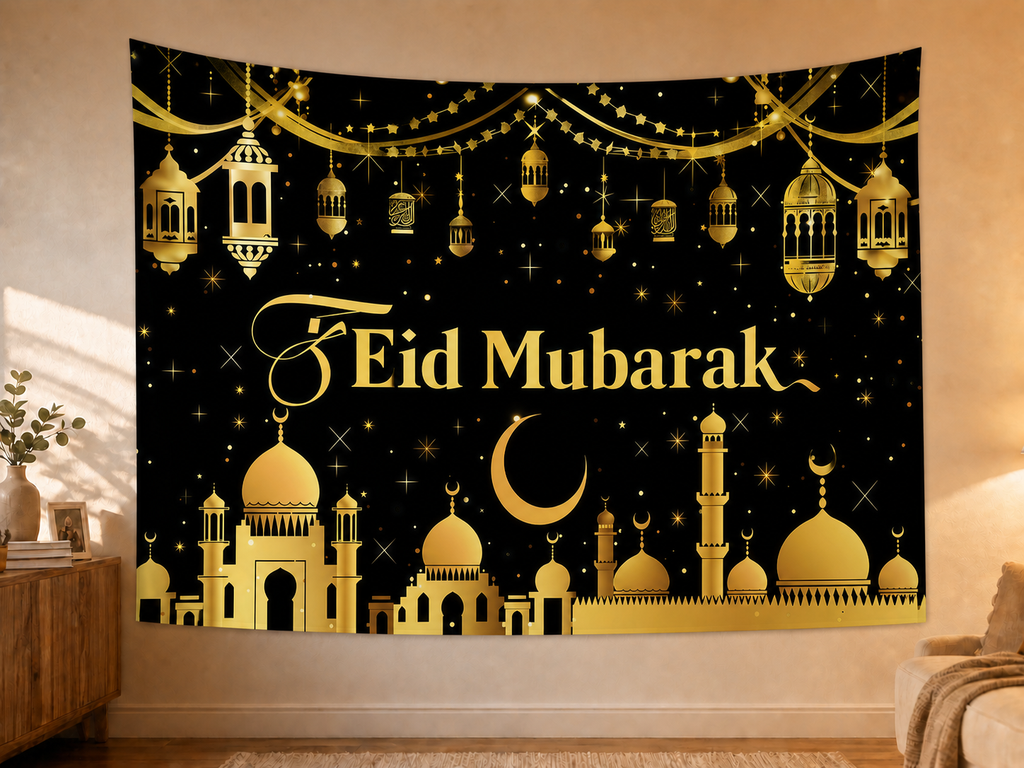Lantern Eid Mubarak Backdrop in a realistic home wall setting