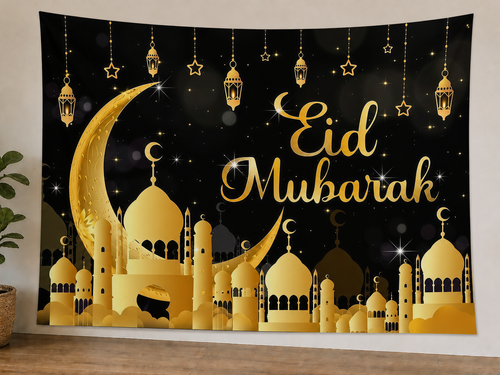 Black and Gold Eid Mubarak Backdrop styled scene 1