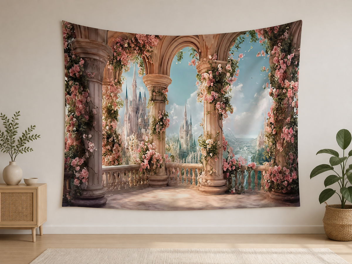 Floral Castle Balcony Tapestry Backdrop indoor application scene