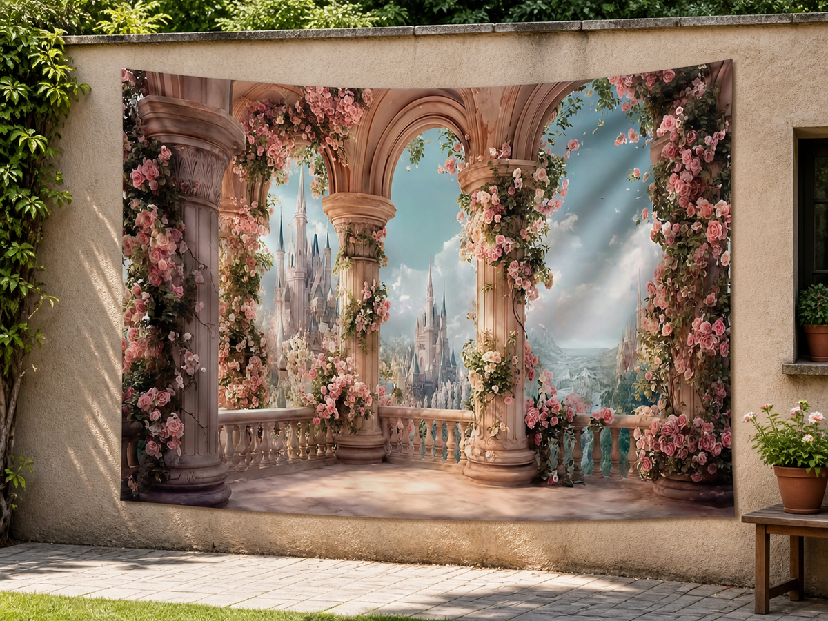 Floral Castle Balcony Tapestry Backdrop garden application scene