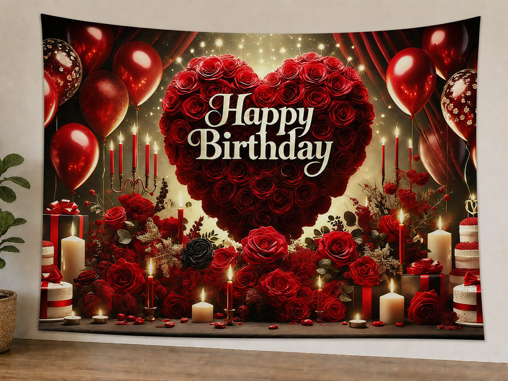 Red Rose Heart Happy Birthday Backdrop styled scene 1