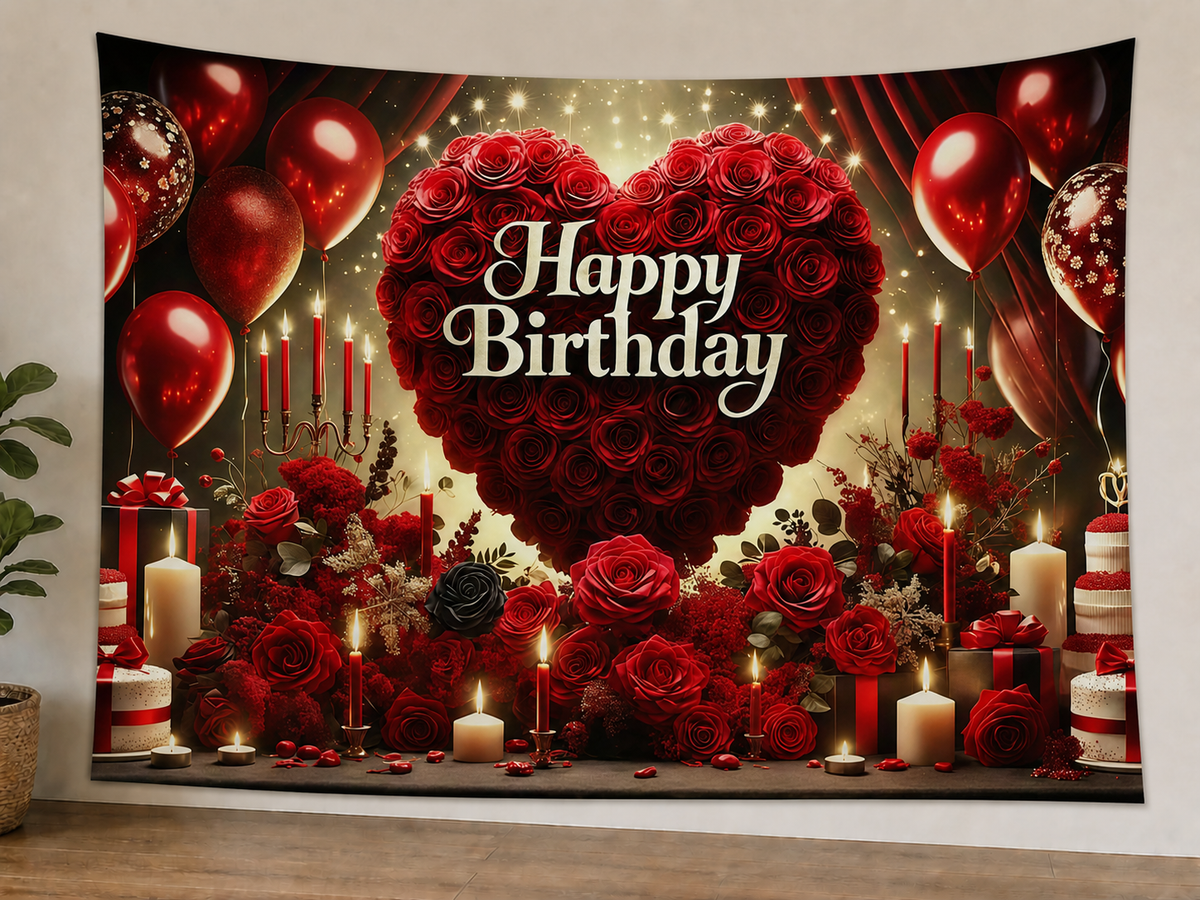 Red Rose Heart Happy Birthday Backdrop styled scene 1