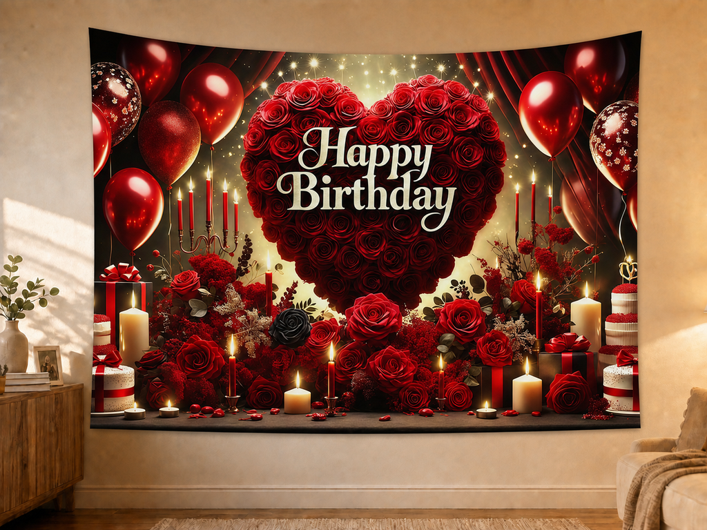 Red Rose Heart Happy Birthday Backdrop styled scene 2