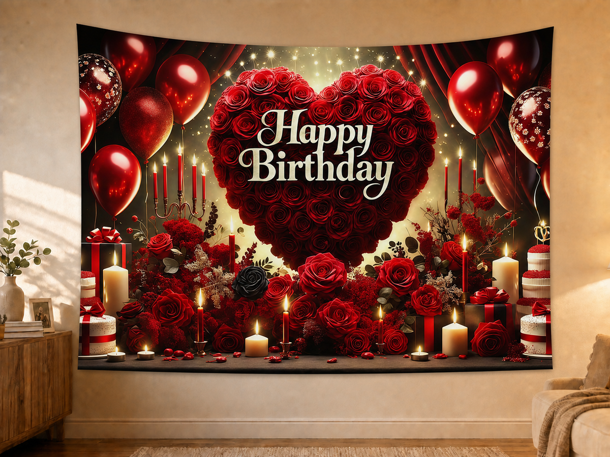 Red Rose Heart Happy Birthday Backdrop styled scene 2