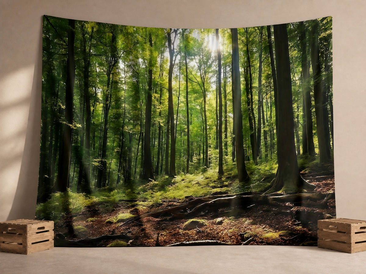 Sunlit green forest woodland photography backdrop in an event scene