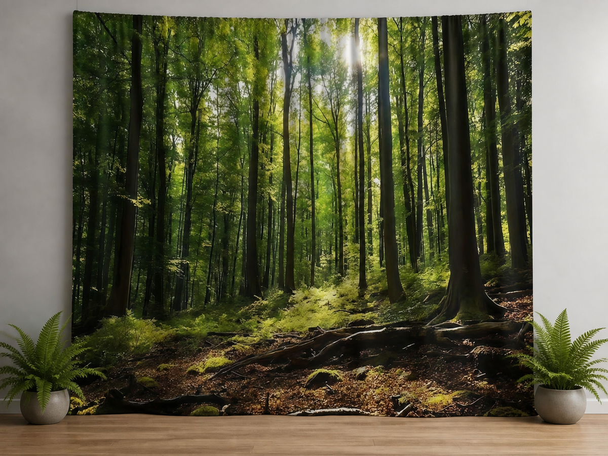 Sunlit green forest woodland photography backdrop in a wellness scene