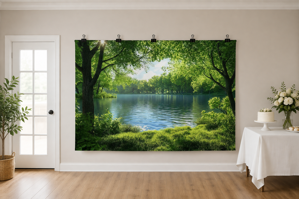 Green Forest Lake Landscape Backdrop clipped directly to wall