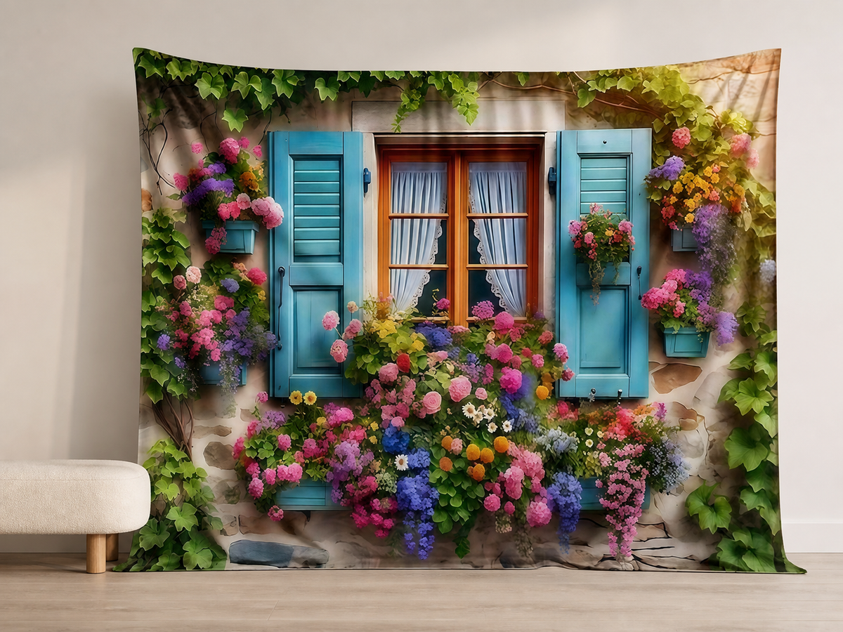 Blue shutters flower window flexible fabric photography backdrop scene