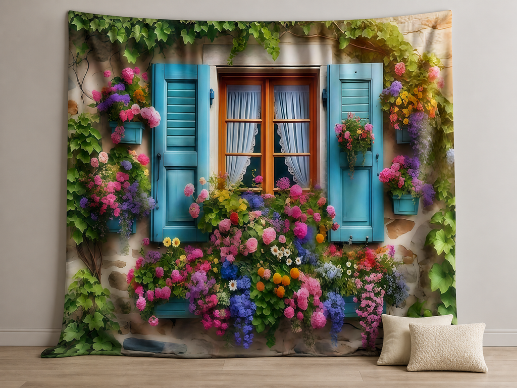 Romantic floral window fabric backdrop with visible edges