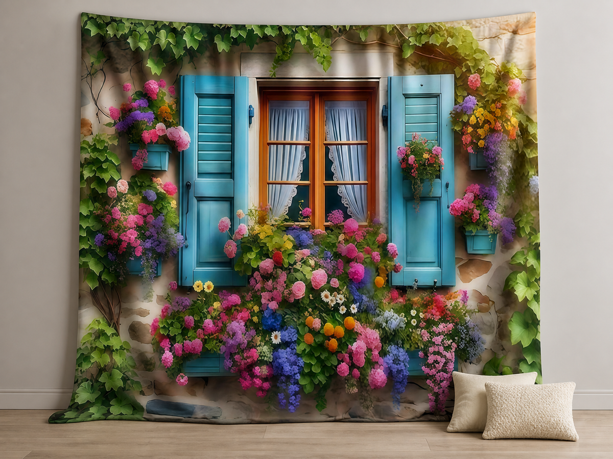 Romantic floral window fabric backdrop with visible edges