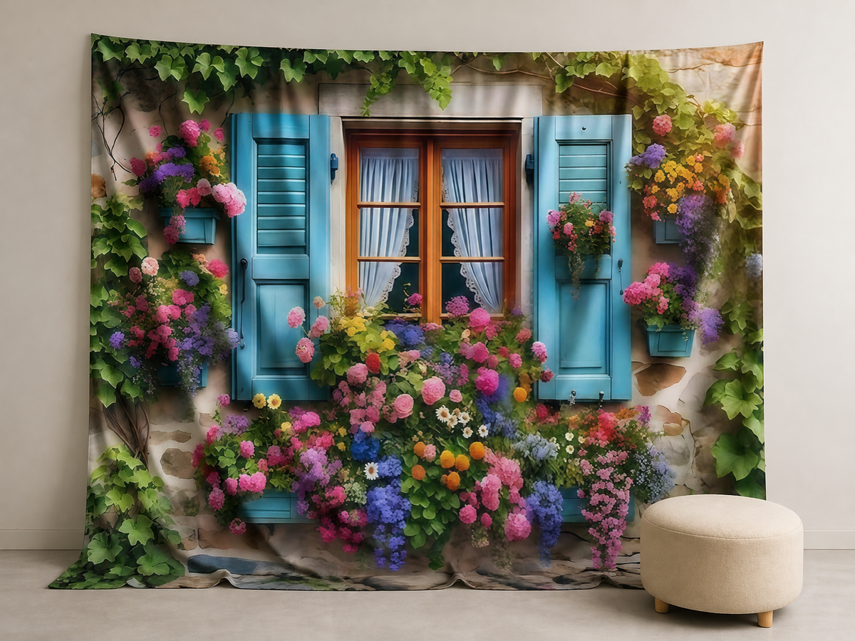 Spring flower window photography backdrop with natural folds