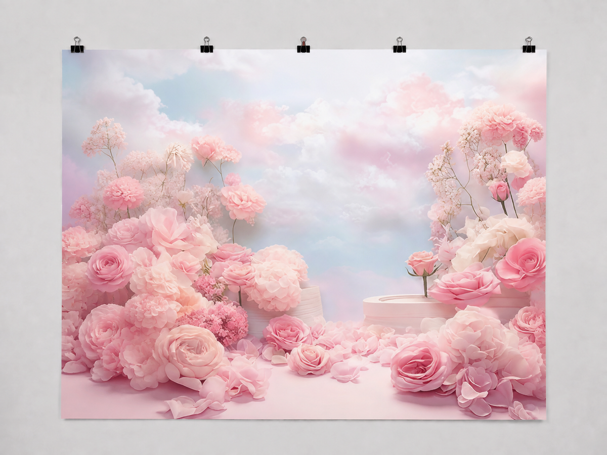 Pink Flowers and Clouds printed polyester backdrop, shown at244 x183cm with straight-cut unhemmed edges and wall clips. Flat printed scenery; accessories not included.