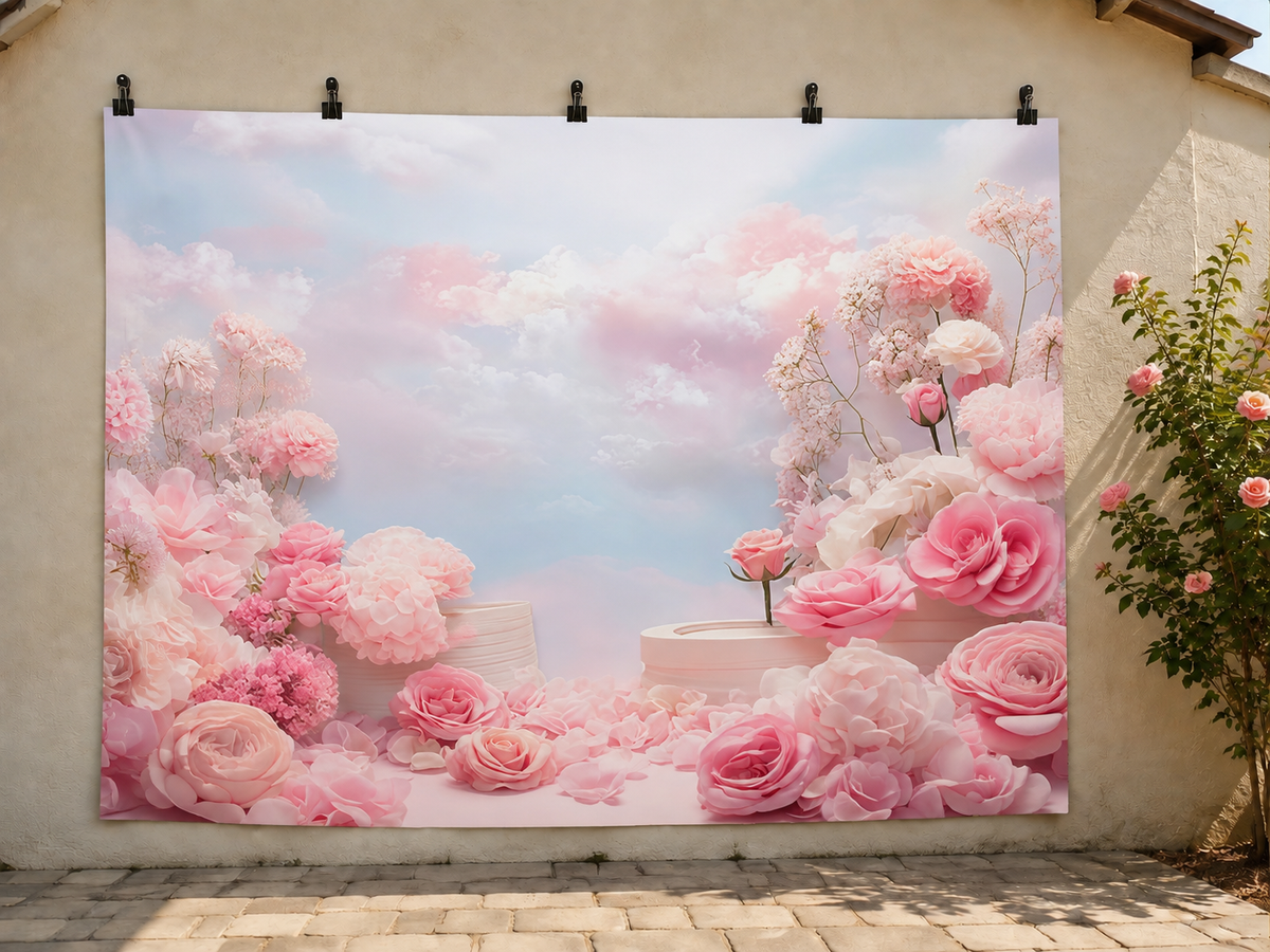 Pink Flowers and Clouds printed polyester backdrop, shown at244 x183cm with straight-cut unhemmed edges and wall clips. Flat printed scenery; accessories not included.