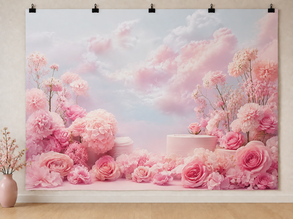 Pink Flowers and Clouds printed polyester backdrop, shown at244 x183cm with straight-cut unhemmed edges and wall clips. Flat printed scenery; accessories not included.