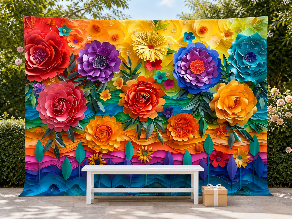 Colorful paper flower tapestry backdrop garden party scene