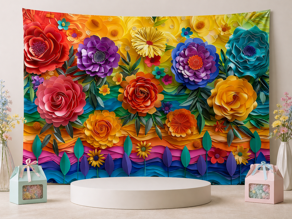 Colorful paper flower tapestry backdrop birthday scene