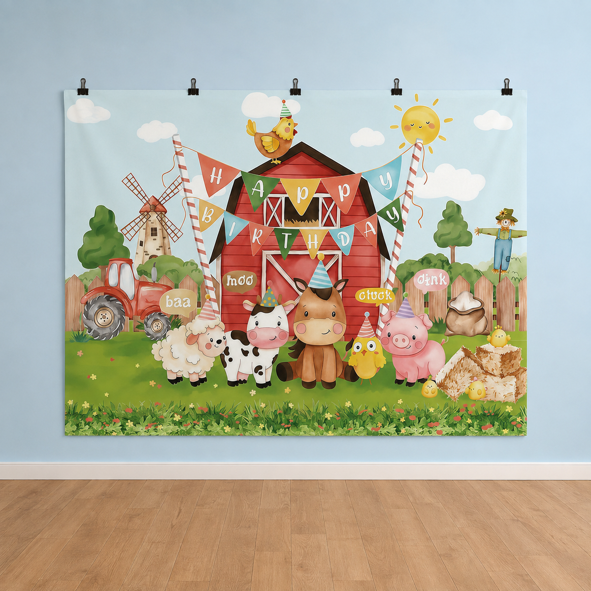 FJ251225037 flat printed polyester backdrop, indoor wall-clip display; accessories not included