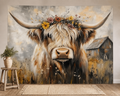 Highland cow floral farmhouse backdrop family portrait scene