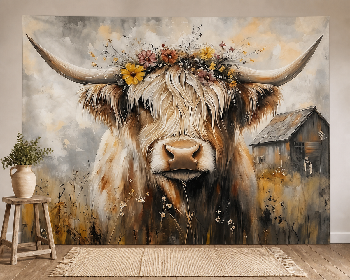 Highland cow floral farmhouse backdrop family portrait scene