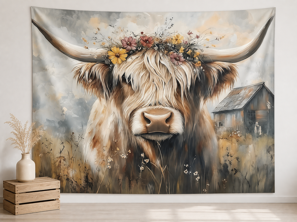 Highland cow floral farmhouse backdrop birthday scene