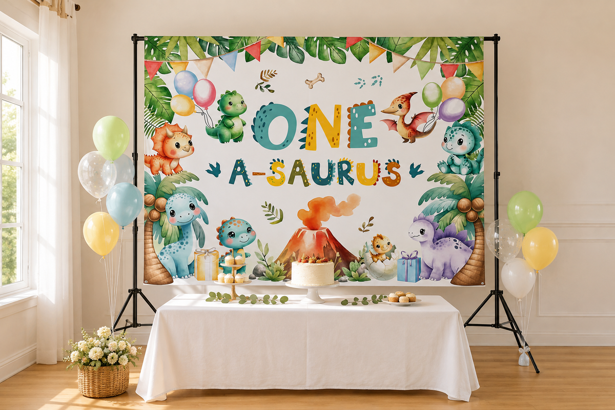 One A Saurus First Birthday Backdrop in event studio