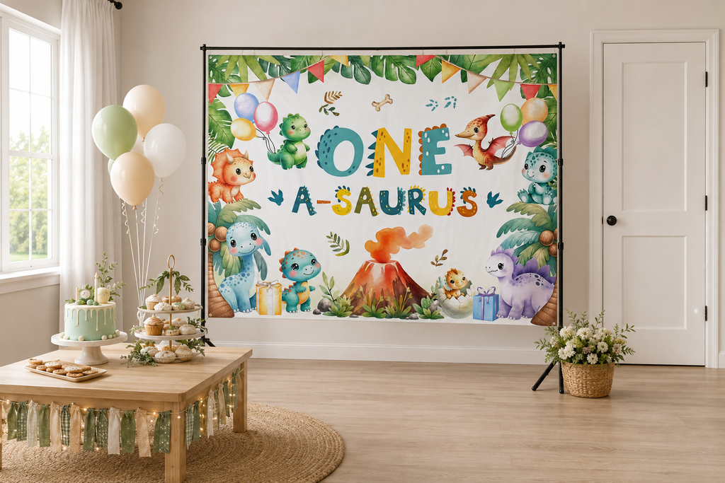 One A Saurus First Birthday Backdrop in alternate room setting