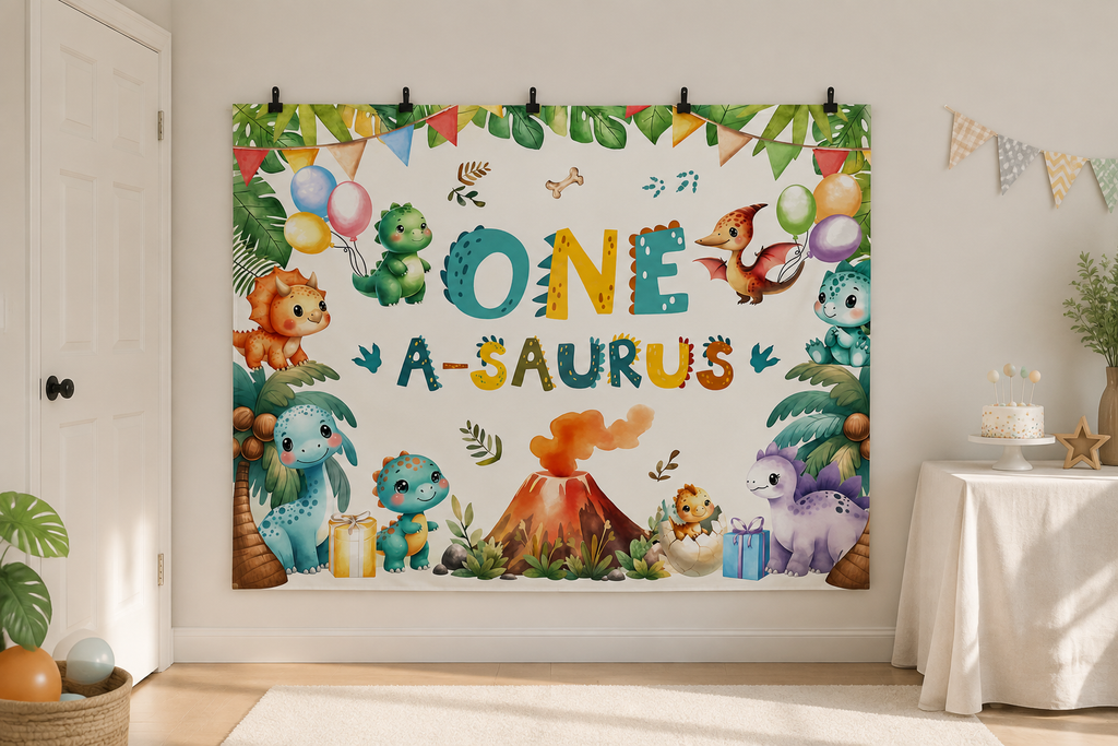 One A Saurus First Birthday Backdrop clipped directly to wall