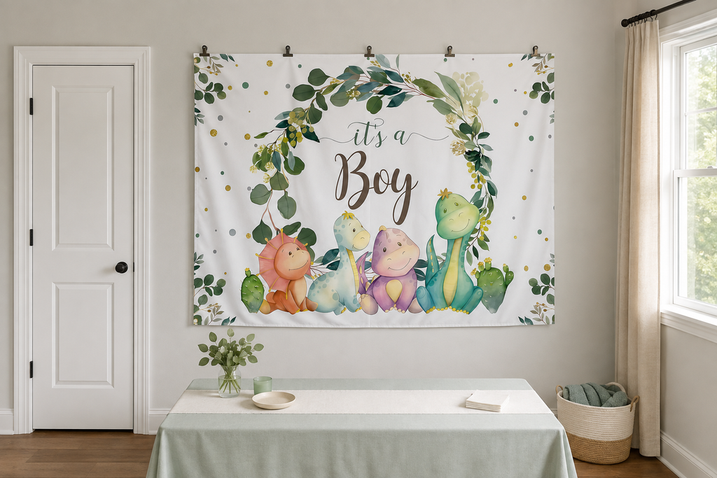 It's a Boy Dinosaur Backdrop clipped directly to wall