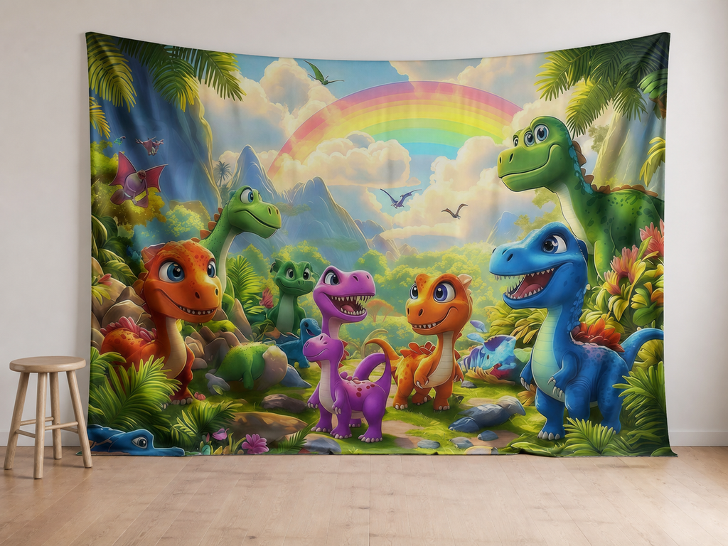 Colorful dinosaur rainbow photography backdrop in kids birthday portrait room