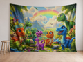 Colorful dinosaur rainbow photography backdrop in kids birthday portrait room