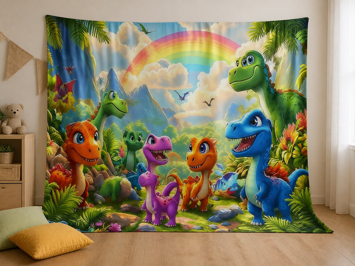 Dinosaur jungle rainbow fabric backdrop in children's playroom