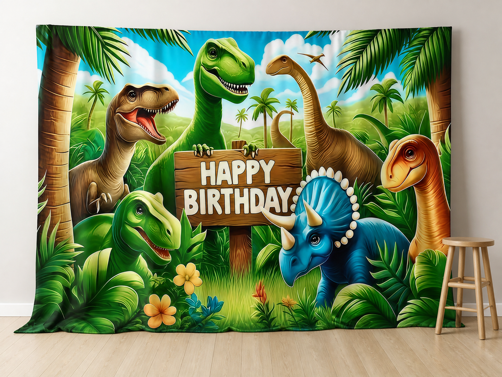 Happy Birthday dinosaur jungle photography backdrop in kids portrait room