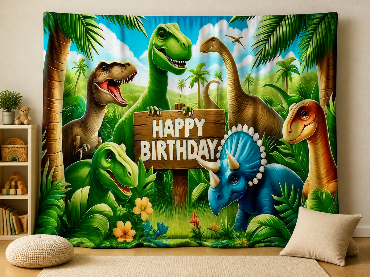 Dinosaur Happy Birthday fabric backdrop in children's playroom