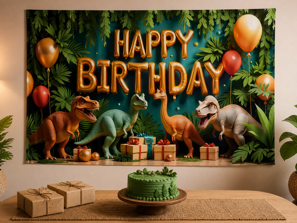 Dinosaur Jungle Happy Birthday Backdrop cake table