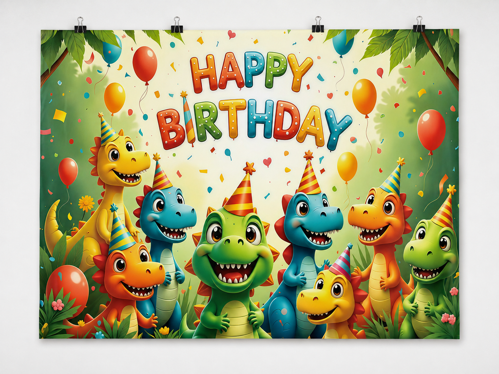 Colorful Dinosaurs Happy Birthday Backdrop — complete flat printed design; accessories not included