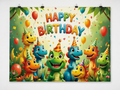 Colorful Dinosaurs Happy Birthday Backdrop — complete flat printed design; accessories not included