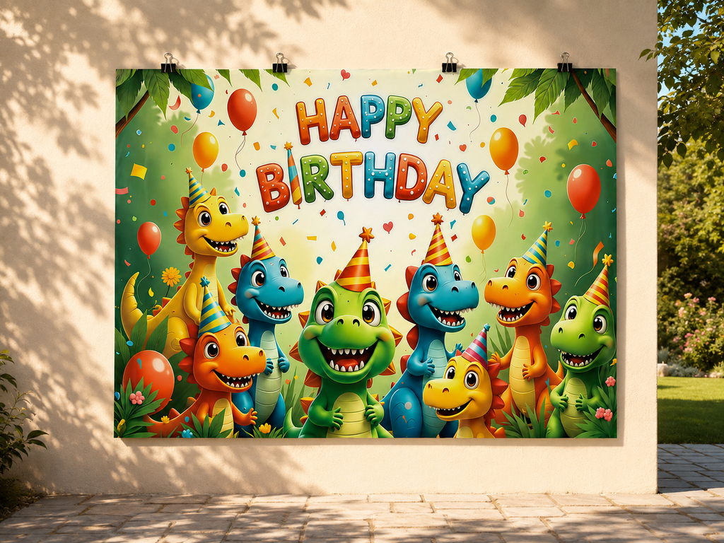 Colorful Dinosaurs Happy Birthday Backdrop — temporary dry outdoor wall-clip display; accessories not included
